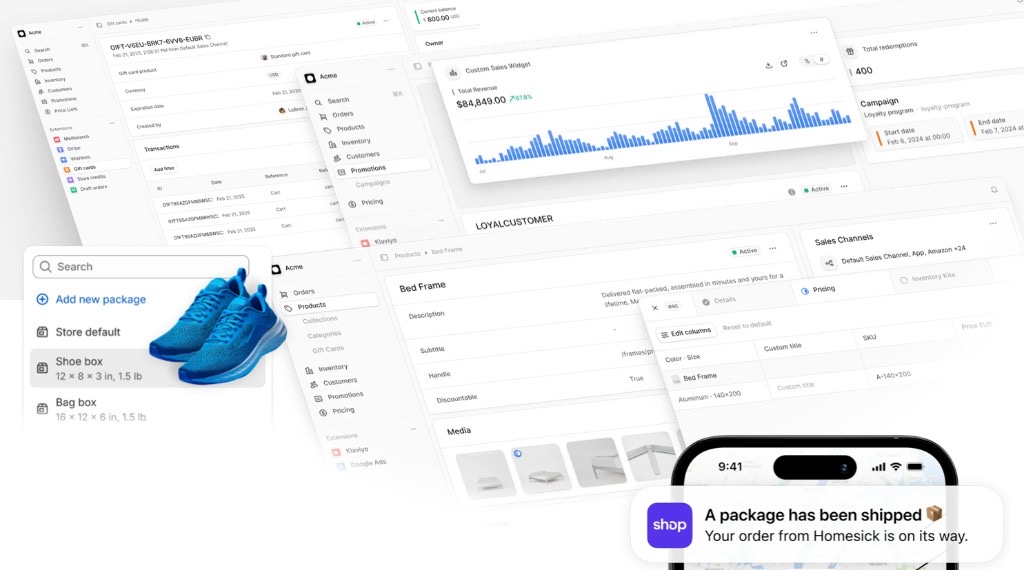 Wodoo Store ecommerce platform collage with sales analytics, product editing, shipping tools, promotions, and a mobile shipped-order notification